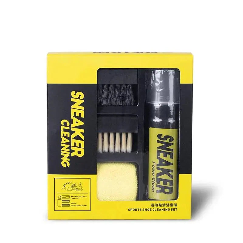 1 set sneaker cleaning kit in yellow and black box with foam cleaner bottle, brushes, sponge and cloth