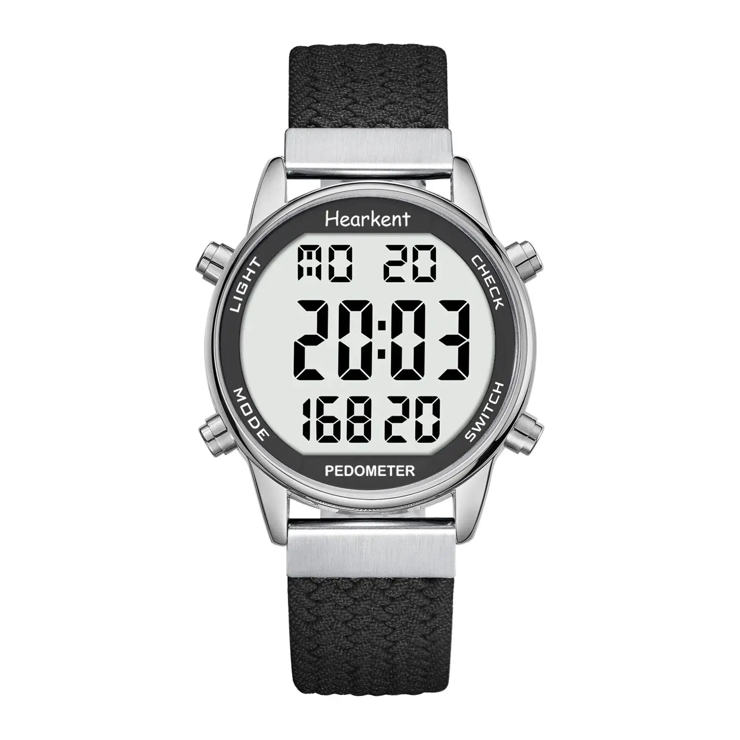 Hearkent pedometer sport watch with black strap and silver case, digital display