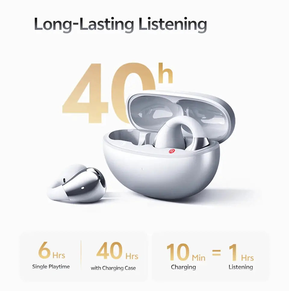 QCY Crossky C30S open-ear wireless earphones in white with charging case; 40h playback