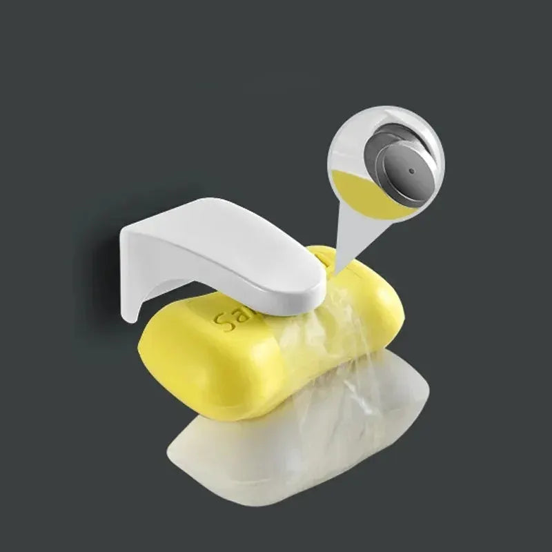 Simples Market magnetic soap holder; white punch-free wall mount, yellow soap bar, drain tray