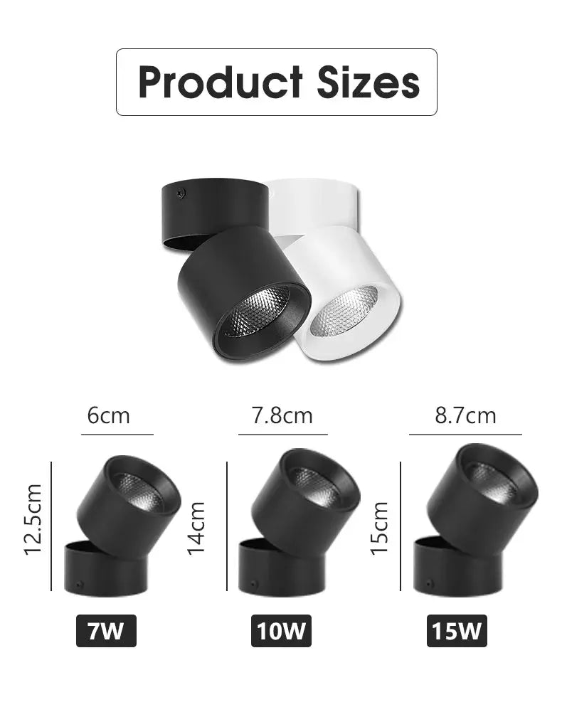 Spot LED downlights, surface-mounted 220V, dimmable, black and white finishes, 7W/10W/15W options