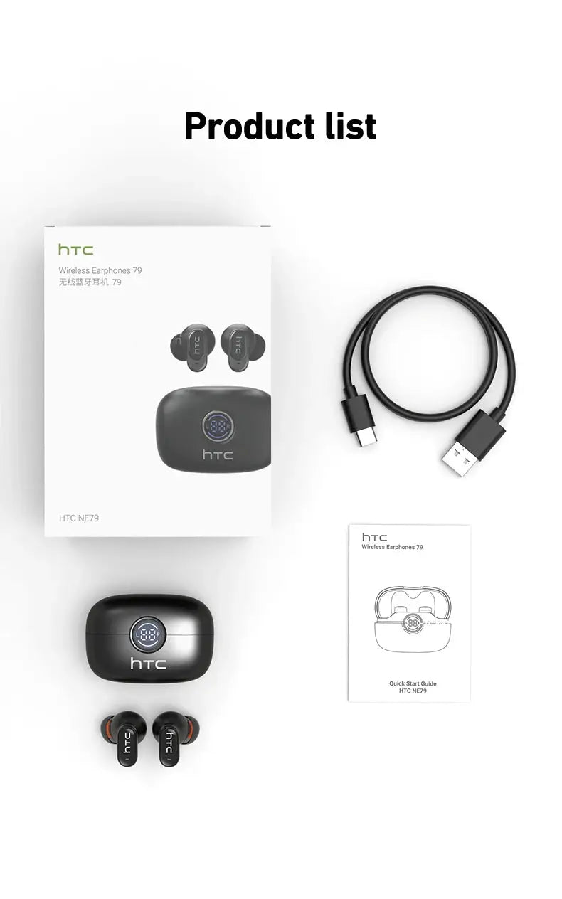 HTC NE79 TWS Bluetooth earbuds with LED display charging case, black; USB charging cable and quick start guide.