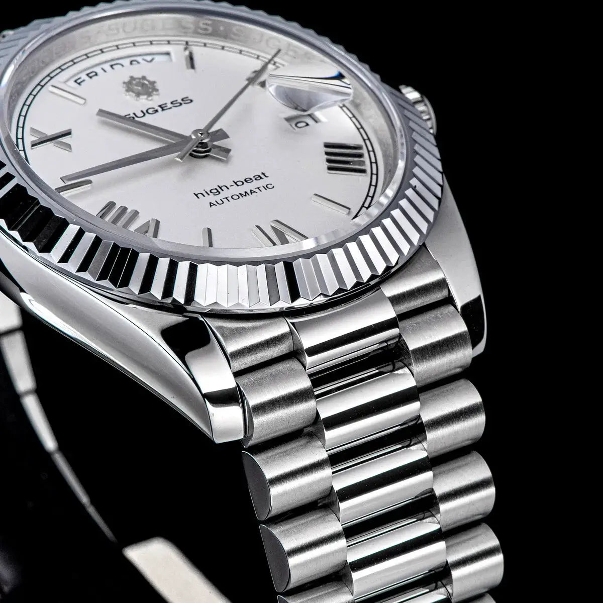 Sugess men's stainless steel wristwatch with silver dial, sapphire crystal, fluted bezel and date magnifier