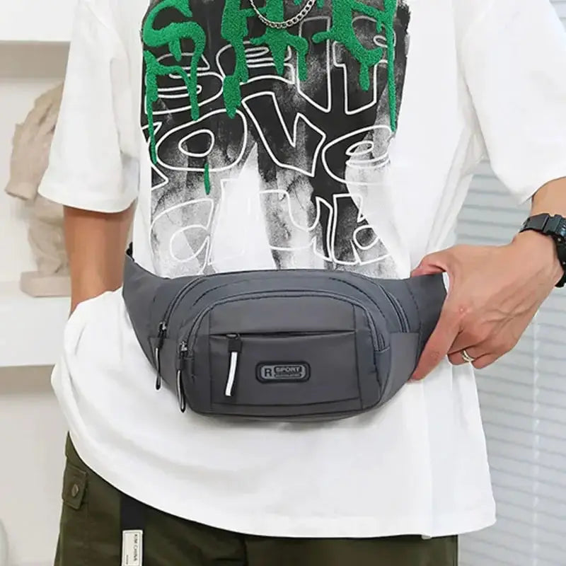Men's canvas waistpack in gray with front zip pockets