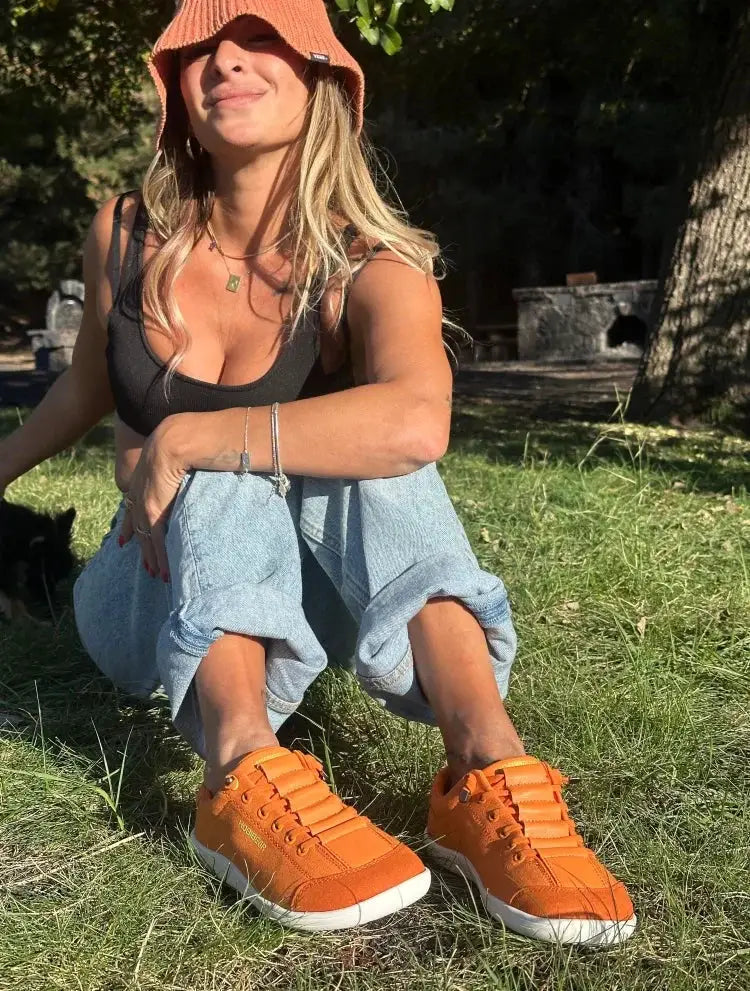 HOBIBEAR wide-toe barefoot shoes in orange canvas sneakers with white sole