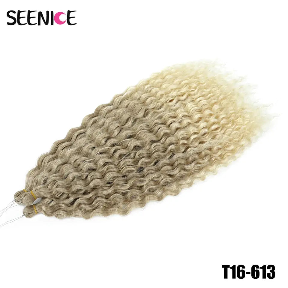 Ariel Curl Deep Twist Crochet Hair extensions in blonde ombre water-wave, 22in, 3 bundles; Seenice logo visible.