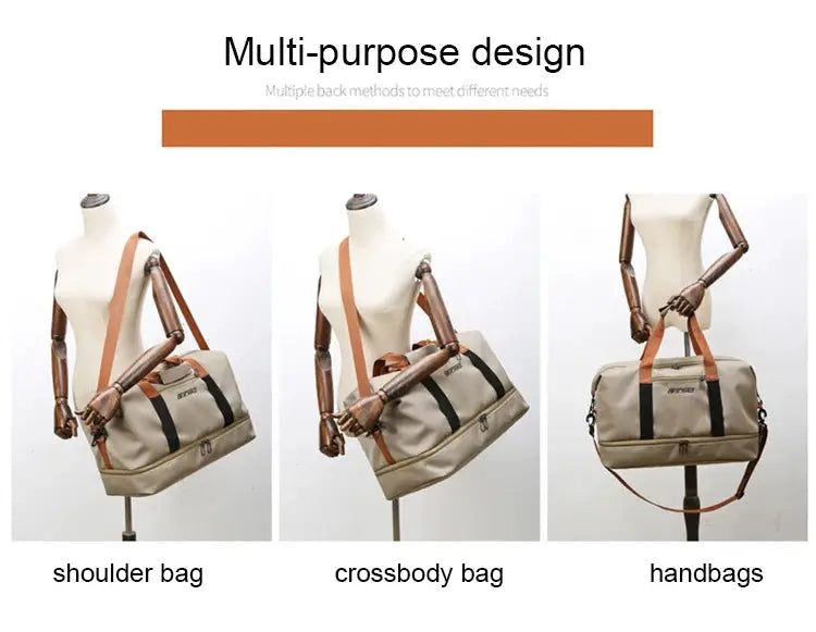 Travel gym bag by Simples Market; beige duffle with orange shoulder strap and black handles, shown in three views.