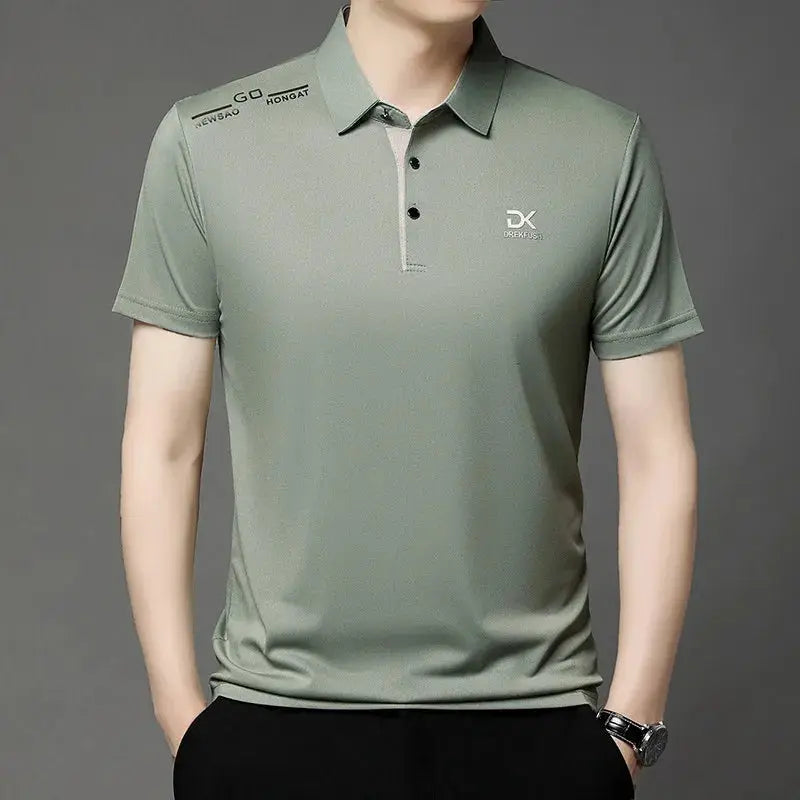 Men's polo shirt, light green solid color with short sleeves and chest logo badge, Simples Market