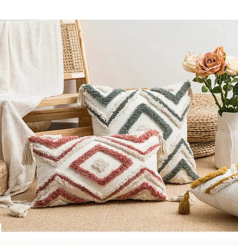 Simples Market tufted diamond pillow covers in pink and green, two boho decorative pillows for sofa or bed