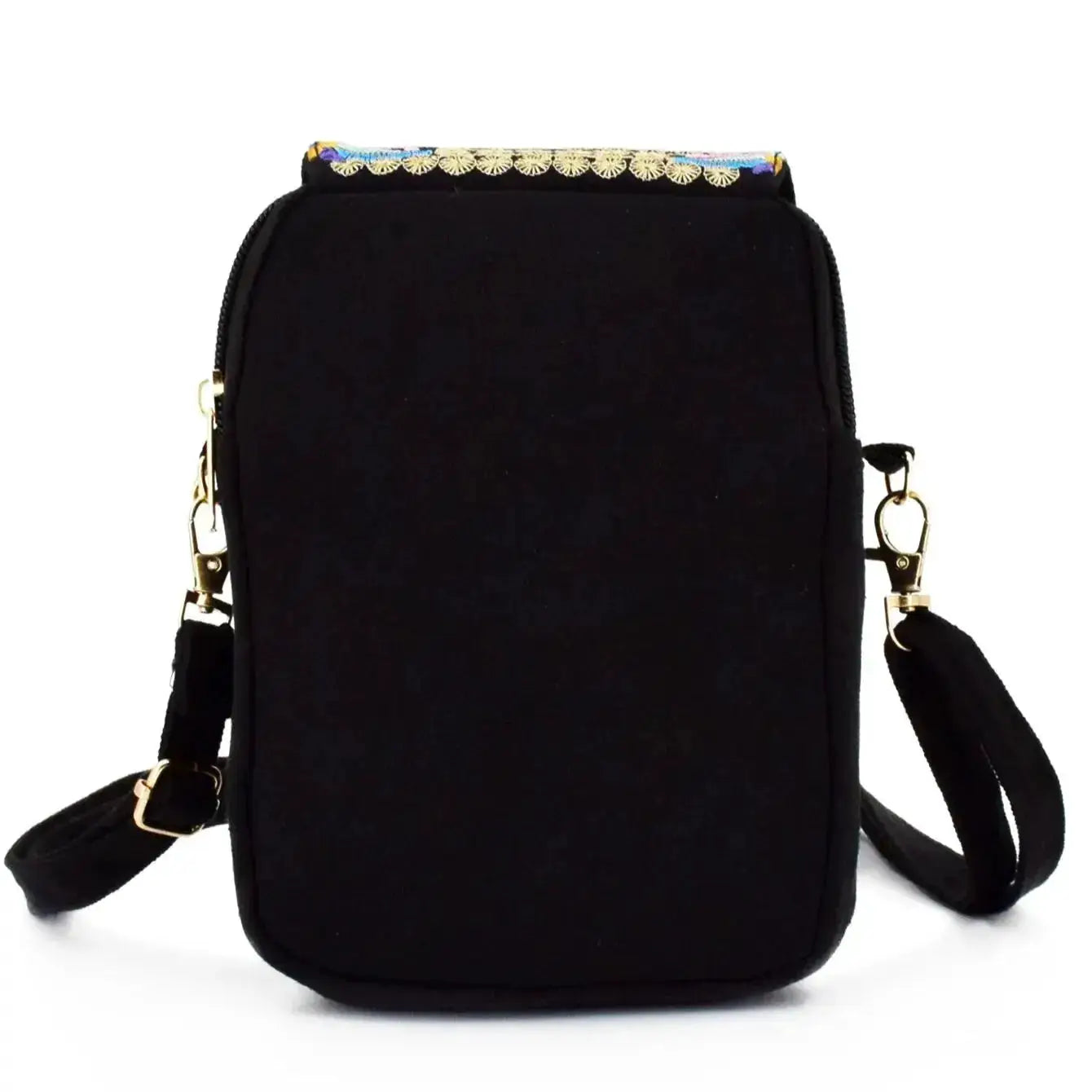 Black canvas crossbody phone bag with zipper, gold hardware, detachable strap, and colorful embroidered top trim.
