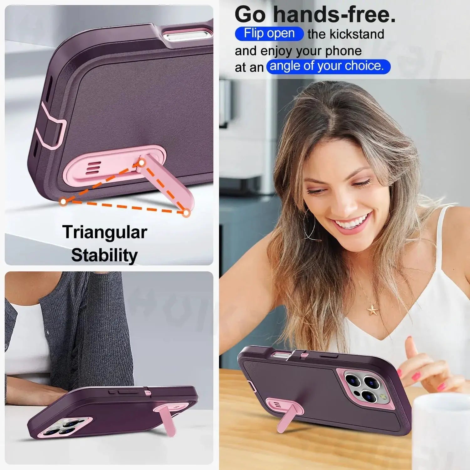 Simples Market iPhone case for 17 Pro Max and 16 Pro Max, heavy-duty silicone with pink kickstand in purple