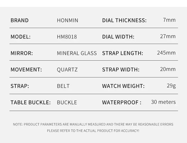 HONMIN square quartz watch HM8018 spec: mineral glass, 7mm dial, 27mm dial, 245mm strap, 20mm width, 30m waterproof