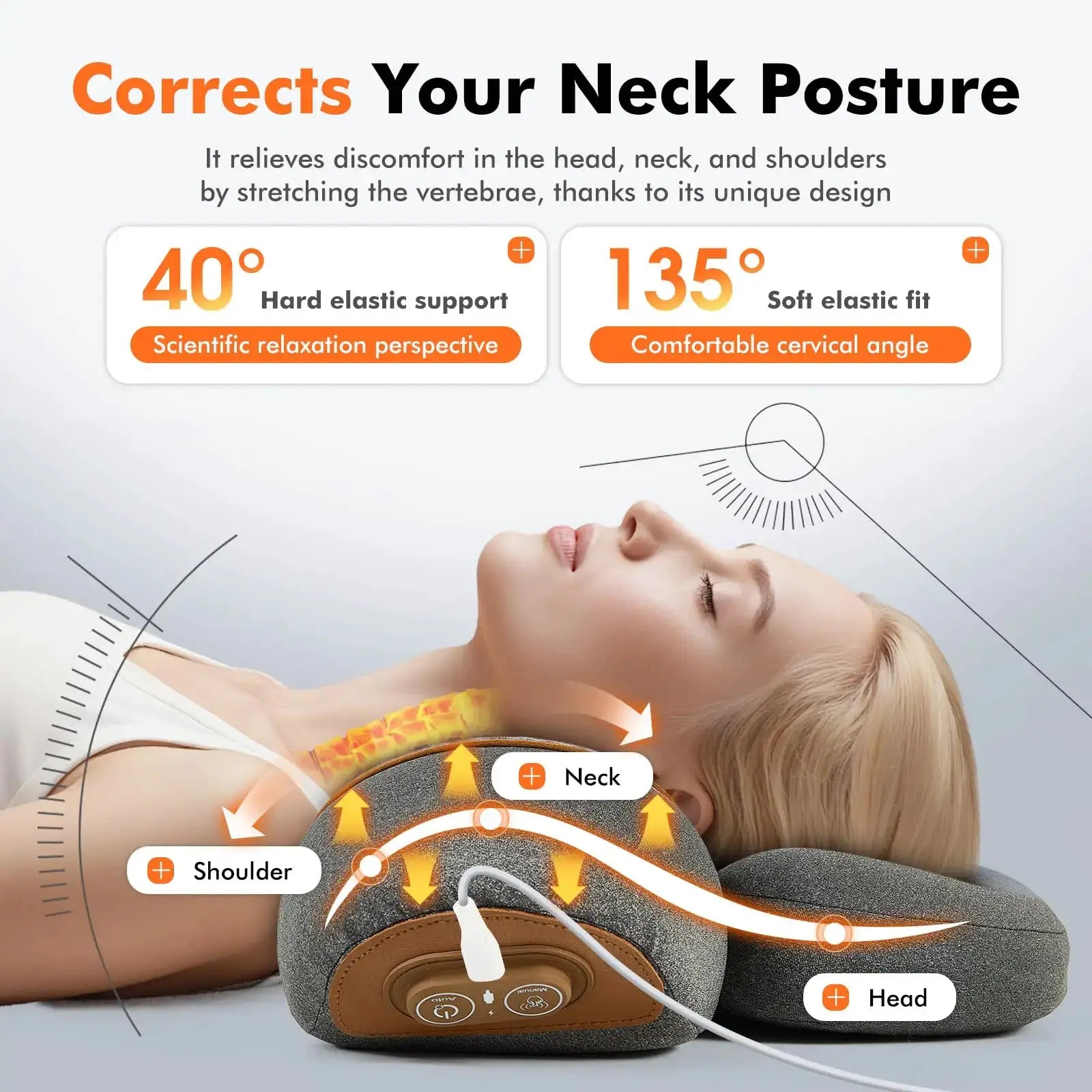 3-in-1 neck massager pillow for shoulder relief with heating and traction, gray fabric with brown accents