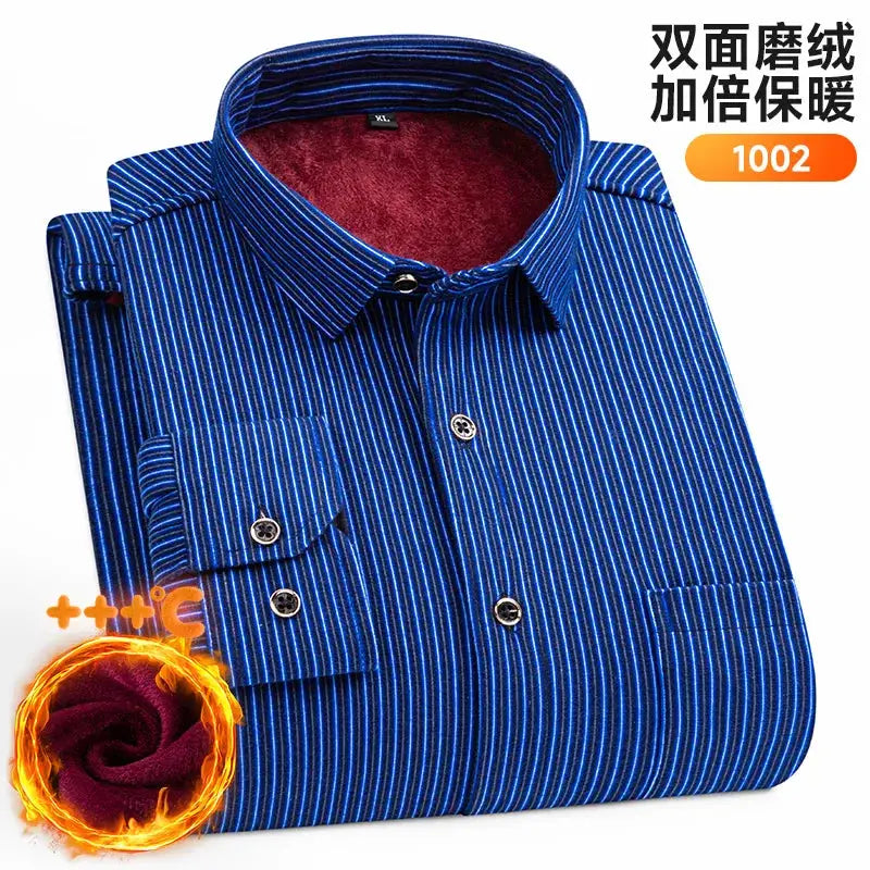 Men's striped long-sleeve shirt by Simples Market, blue with red fleece interior, double-sided fleece, plus size 7XL/8XL