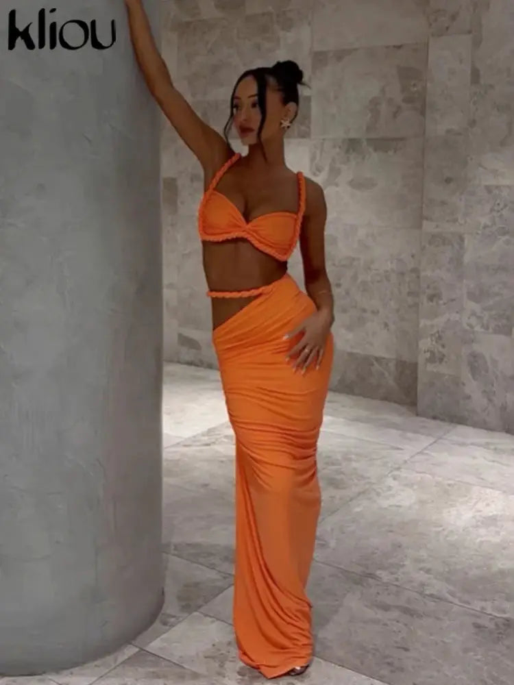 Kliou Woven Sexy Women Two Piece Set With Pleated Crop Camisoles And High Waist Maxi Skirt Contouring Stretch Fabric
