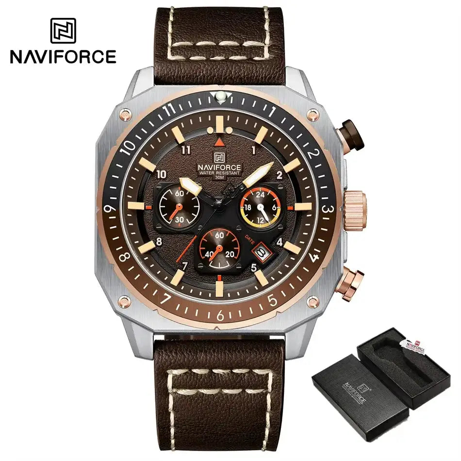 NAVIFORCE men's sports multifunction waterproof watch with brown leather strap and rose-gold bezel, includes box.