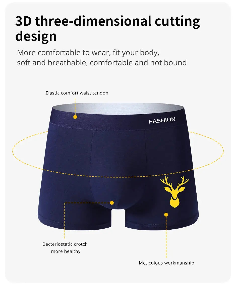 Navy blue men's boxer underwear with yellow deer logo, soft breathable fabric and comfy elastic waistband.
