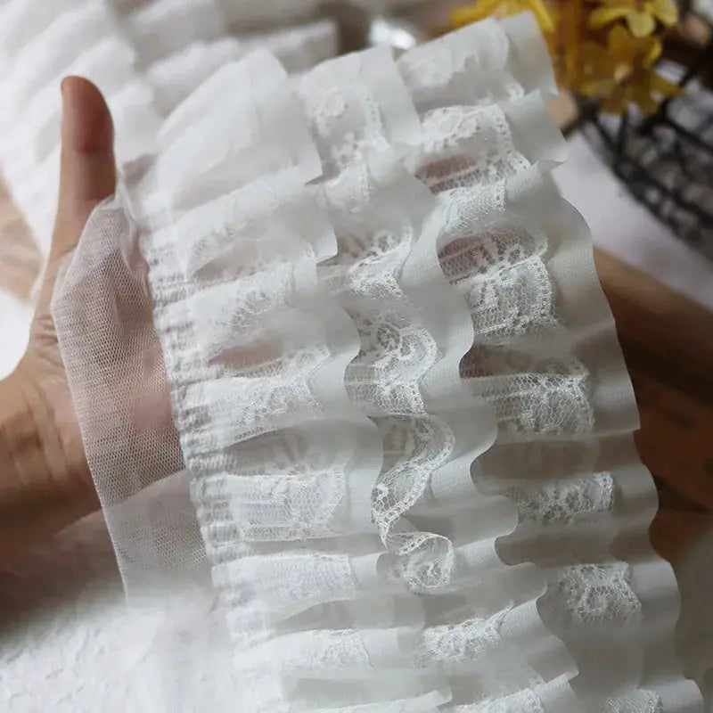 12cm Wide White and Black Three Layer 3D Pleated Mesh Chiffon Embroidered Ruffle Trim for DIY Dress Collar Decor