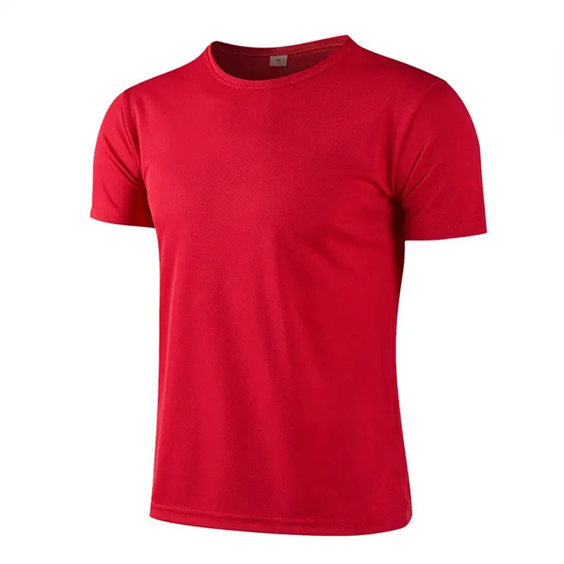 Men's red quick-dry athletic T-shirt with short sleeves, solid color sports top