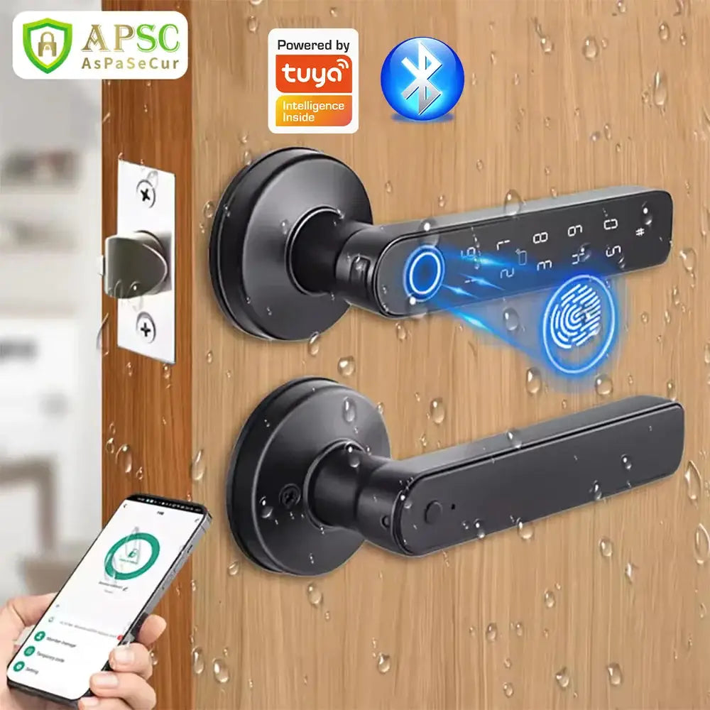 Smart door lock set by Simples Market with Tuya Bluetooth, fingerprint scanner, keypad and NFC for wooden doors, IP65