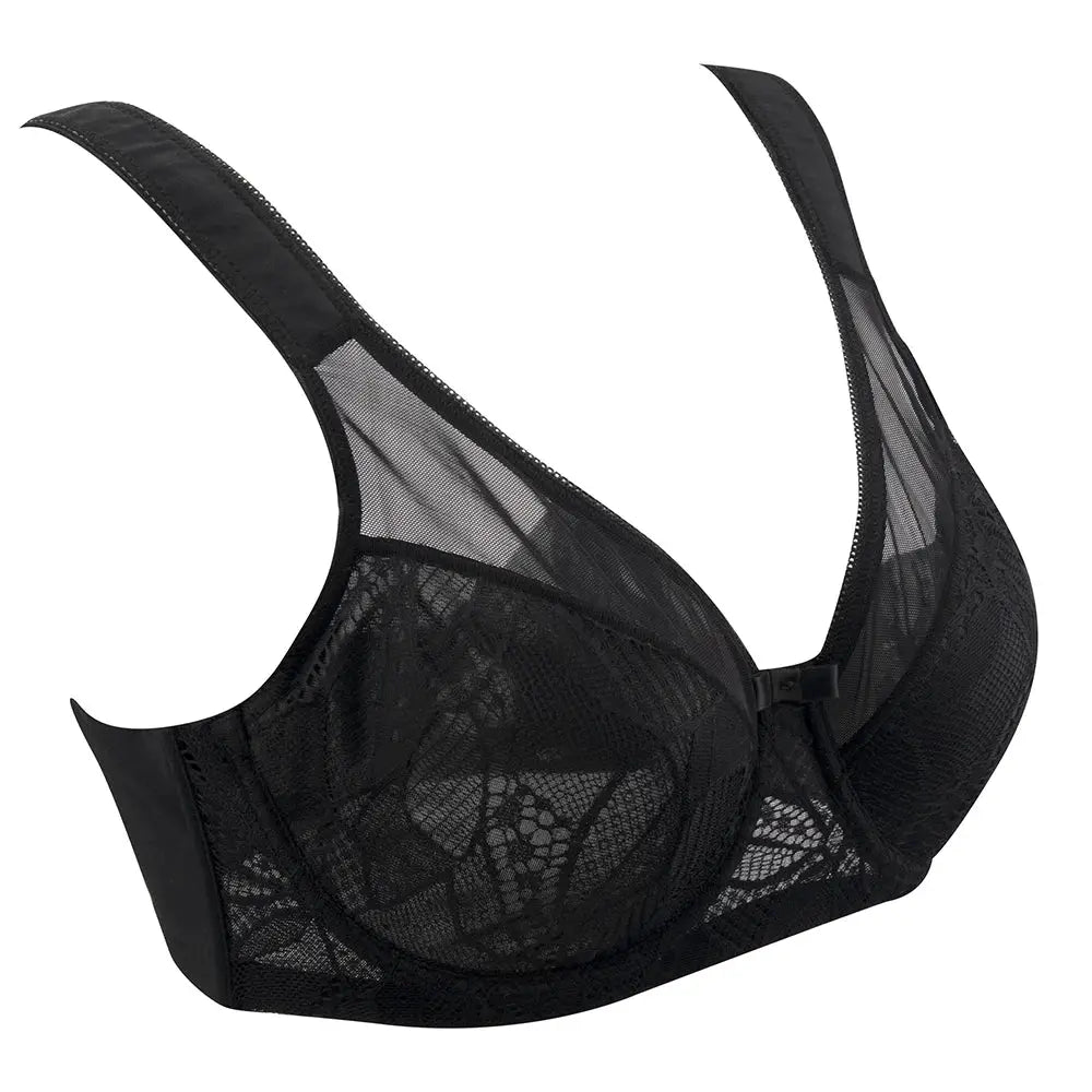 Sheroine black lace floral minimizer bra with full-coverage underwire for plus-size, unpadded