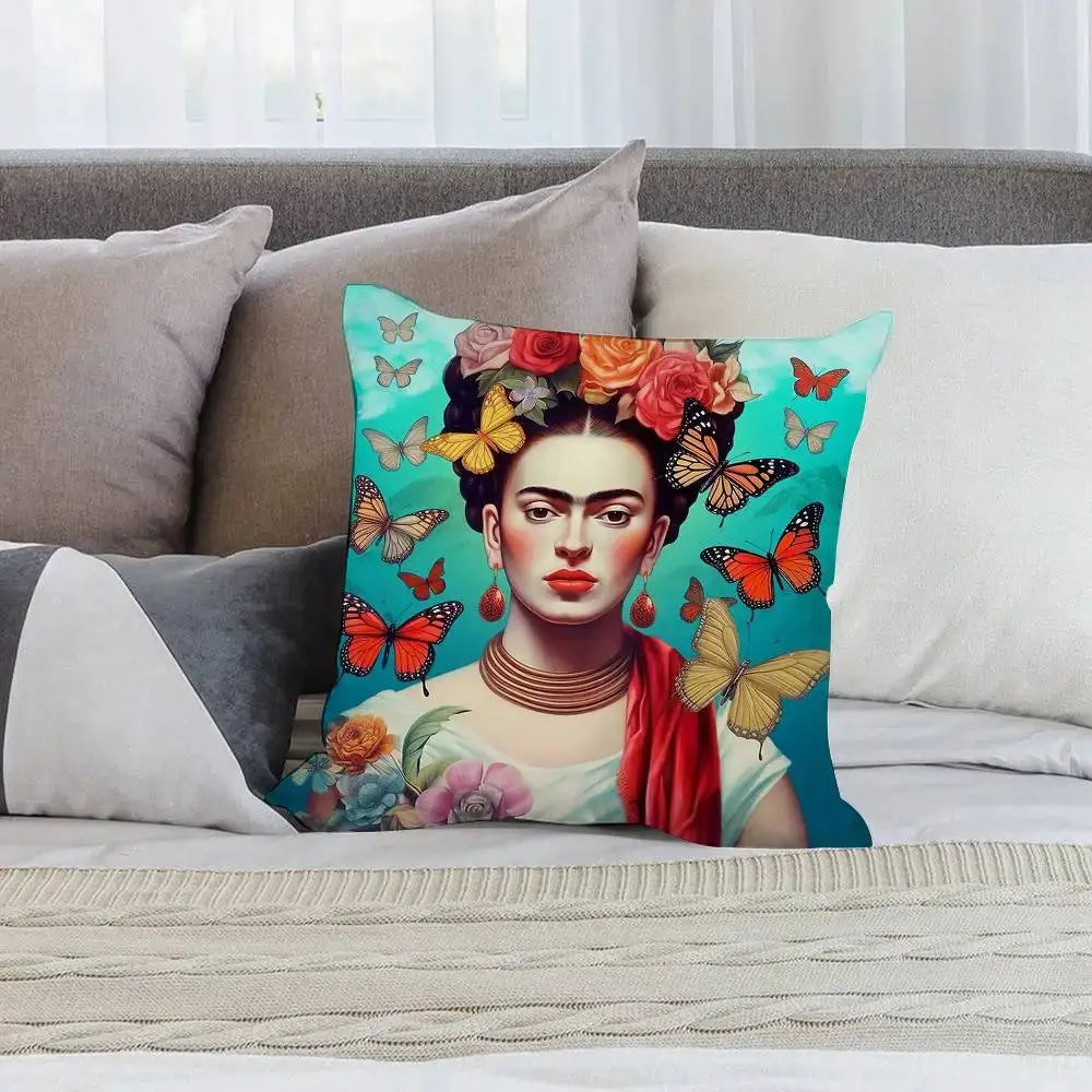 Frida Kahlo art pillow case by Simples Market, short plush, double-sided print, turquoise butterfly-themed cushion.