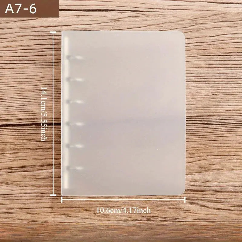 Clear plastic six-ring binder in A7-6 size for office or school use