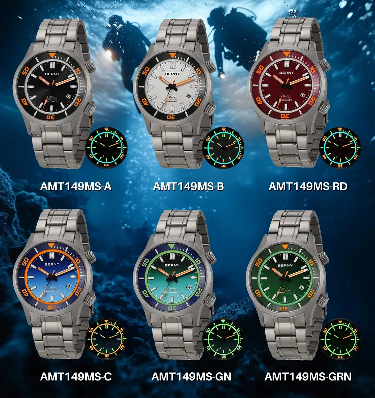 BERNY AMT149MS men's 20ATM titanium automatic diver watches, six colorways with luminous dials