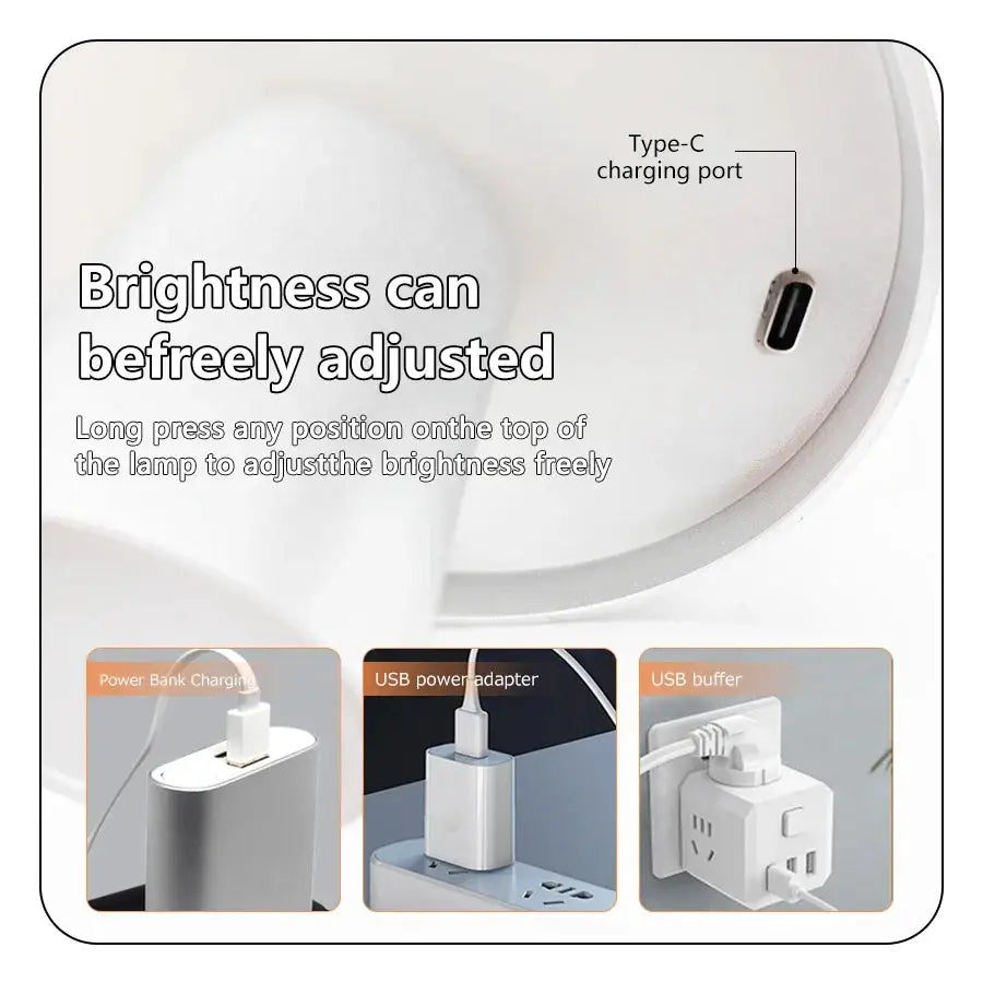 LED desk lamp, white, USB rechargeable touch lamp with 3 color modes and Type-C charging port.
