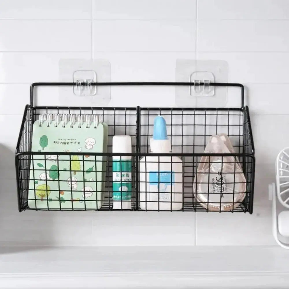 Wall-mounted kitchen storage basket by Simples Market, black metal wire with two sections for spices, garlic, onions