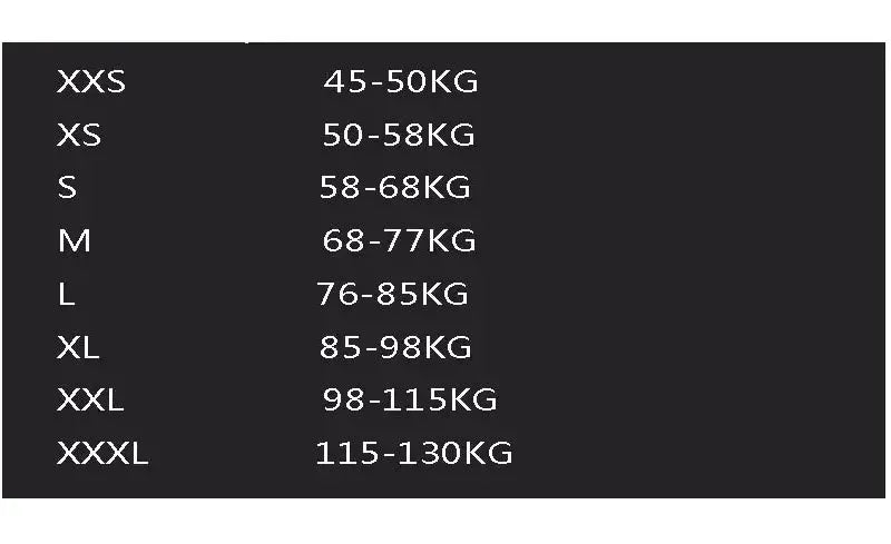 Motocross MTB jersey size chart showing weight ranges from XXS to XXXL (45–130 kg)