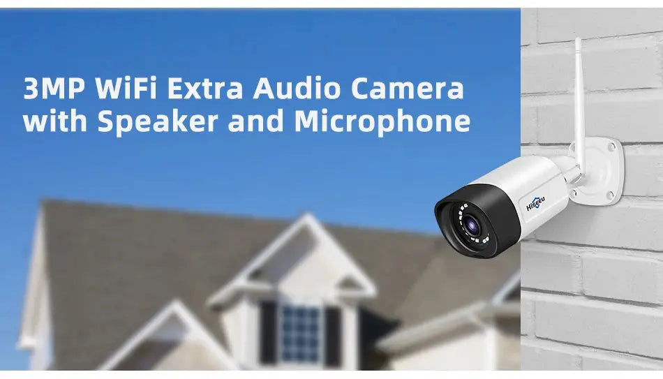Hiseeu white wireless IP camera with antenna mounted on a brick wall