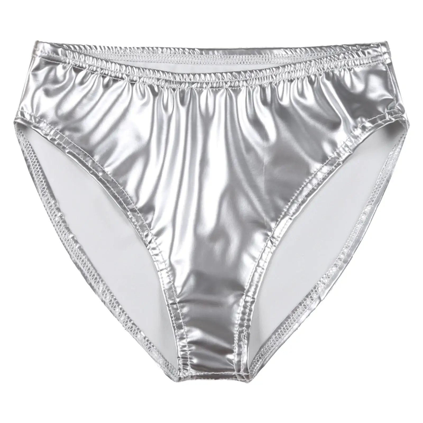 Womens silver wet-look patent leather briefs, low-rise bikini-style underwear.