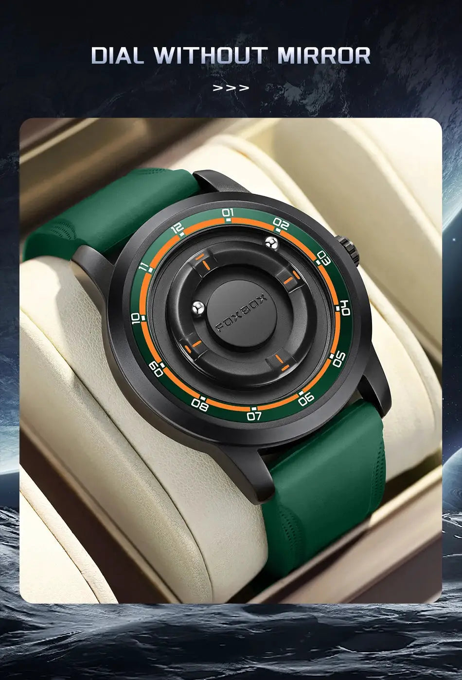 FOXBOX green silicone strap men's sports watch with black case and orange-green ring dial