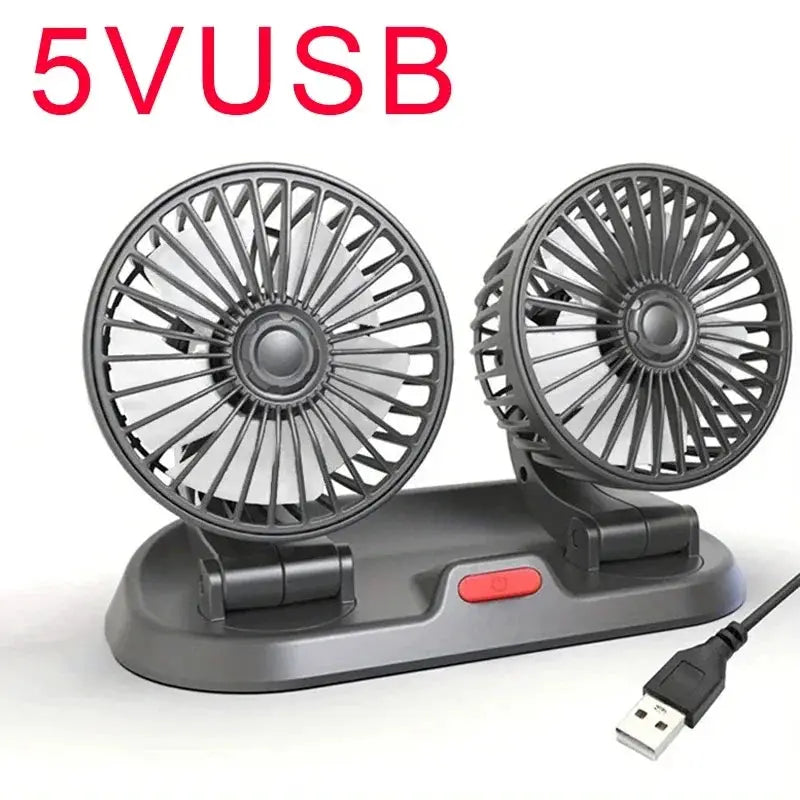 Simples Market gray car fan 360° adjustable dual 3-head USB/12V/24V electric fan with base switch and 2 speeds