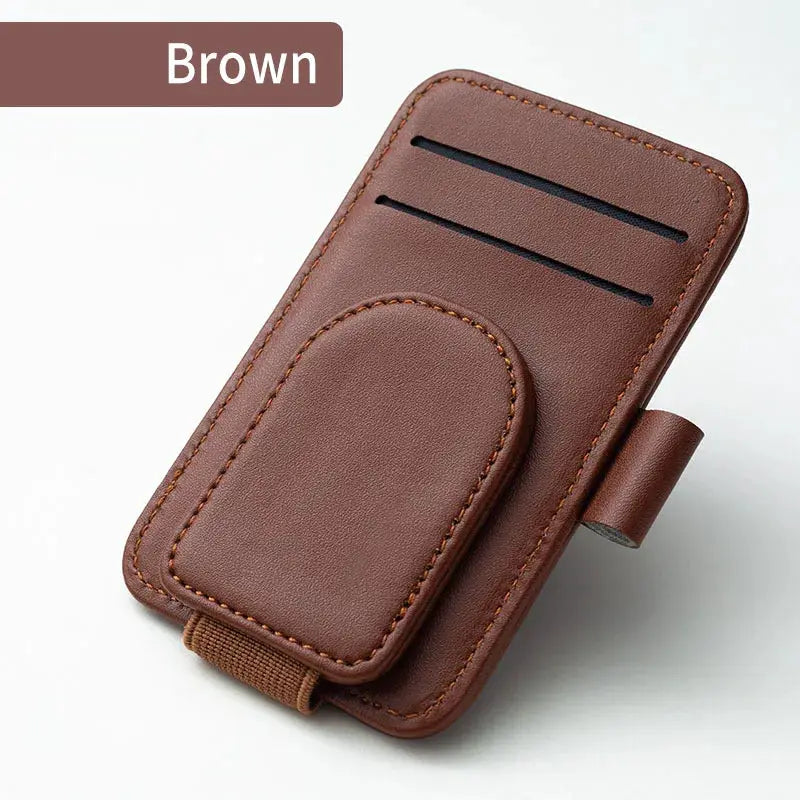 JFBONIN brown leather car sun visor sunglasses holder with magnetic clip and card slots