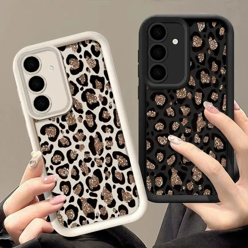 Two leopard-print TPU phone cases for Samsung Galaxy A-series in white and black frames, Simples Market