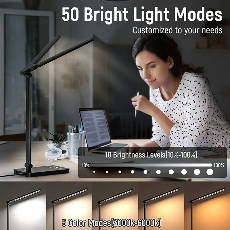 Simples Market dual-head LED desk lamp with dual swing-arm, black finish, 5 color modes and dimmable brightness