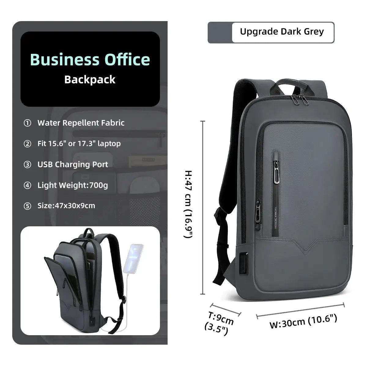 HK Slim Backpack for Men by Simples Market, dark grey water-repellent fabric, USB charging port, fits 15.6-inch laptop
