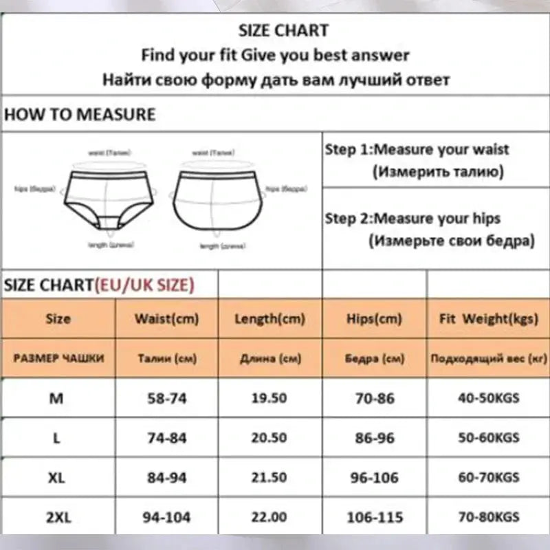 Simples Market 4Pcs seamless cotton panties size chart showing waist, hips and length (M–2XL)