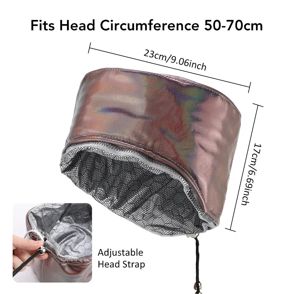 Electric hair heating cap by Simples Market, iridescent brown, fits head circumference 50–70 cm, adjustable strap.