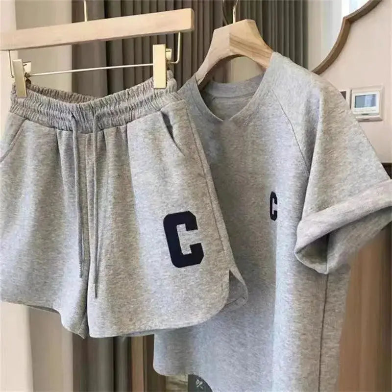 Women 2 Piece Summer Pajama Set Loose Short Sleeve T Shirt And Casual Shorts Sports Print Letter Design Large Size