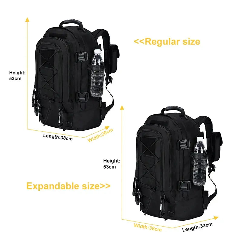 Simples Market black tactical backpack, 40L/65L, two backpacks: regular 53×38×20cm; expandable 53×33×38cm.