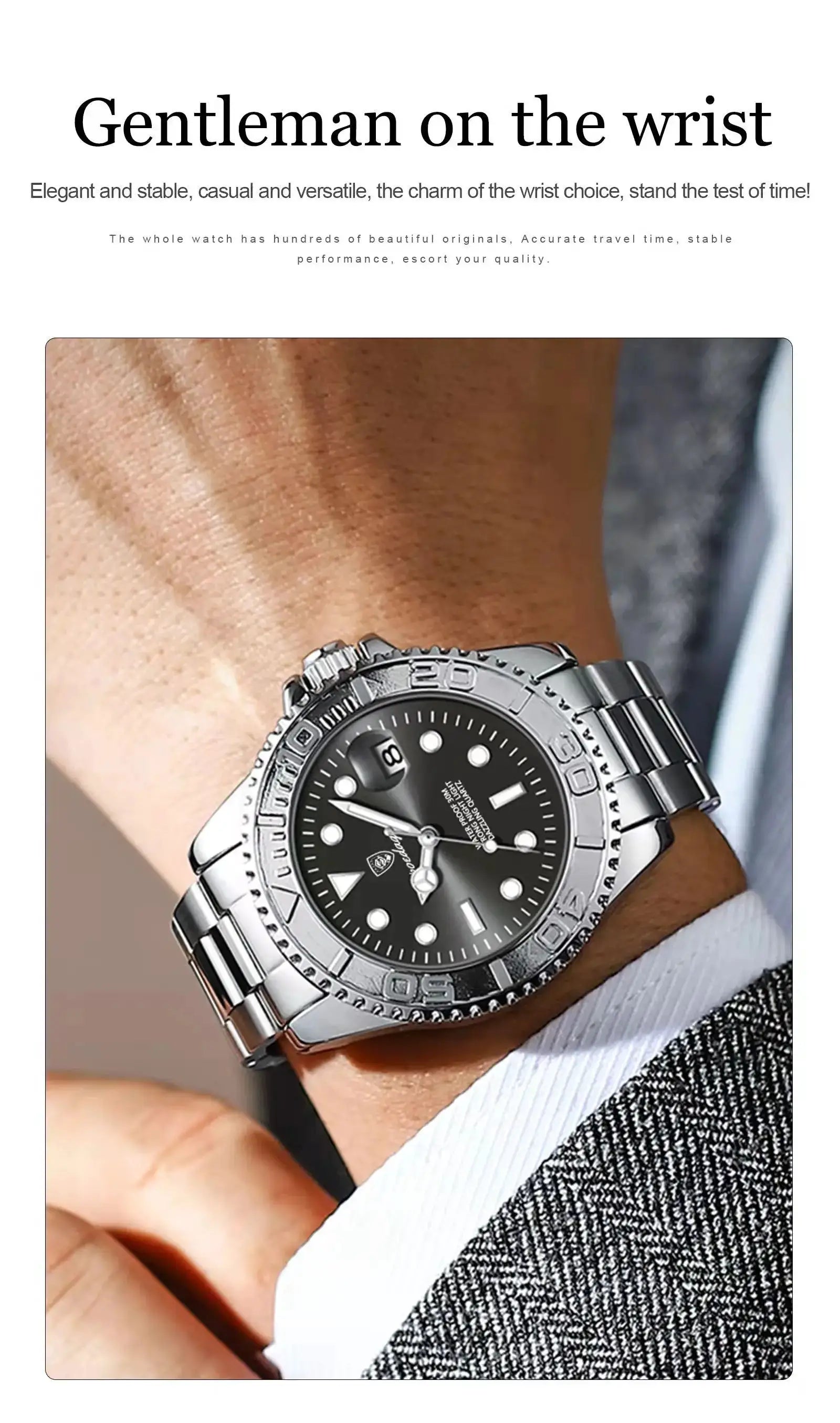 POEDAGAR luxury stainless steel men's watch with black dial