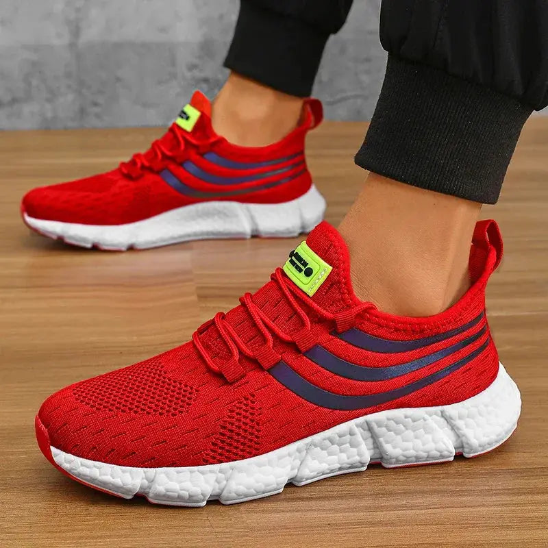 Men's red breathable sneakers with navy stripes and white sole for running and walking by Simples Market