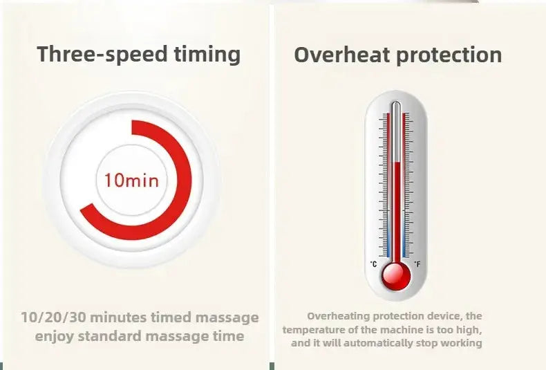 Massage seat cushion with 10-minute timer and overheat protection.