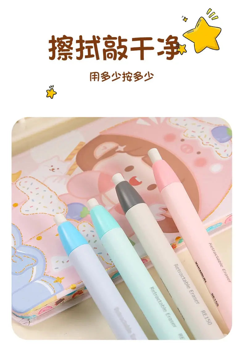 KHINSUN retractable pencil erasers, pen-style, pastel-colored set in 5 pieces for school