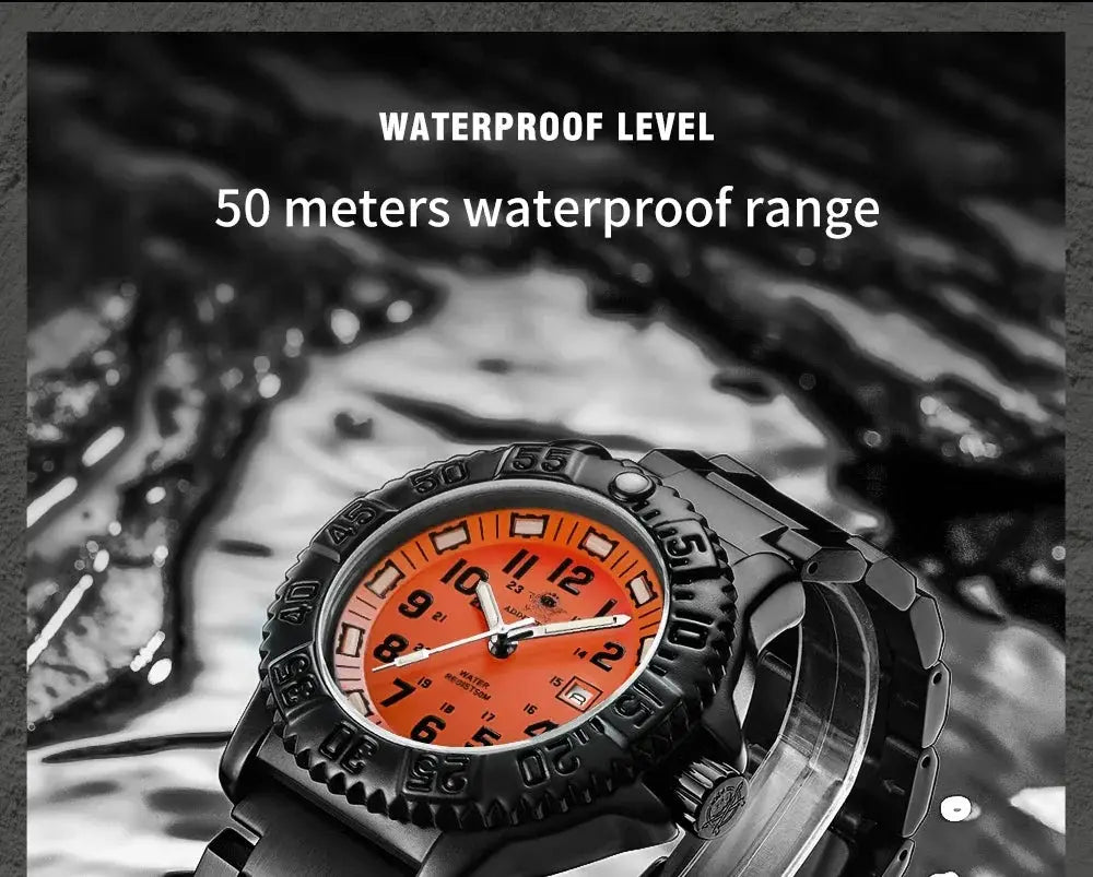 ADDIESDIVE luxury men's quartz watch with orange dial, black bezel, stainless steel strap, 50m waterproof