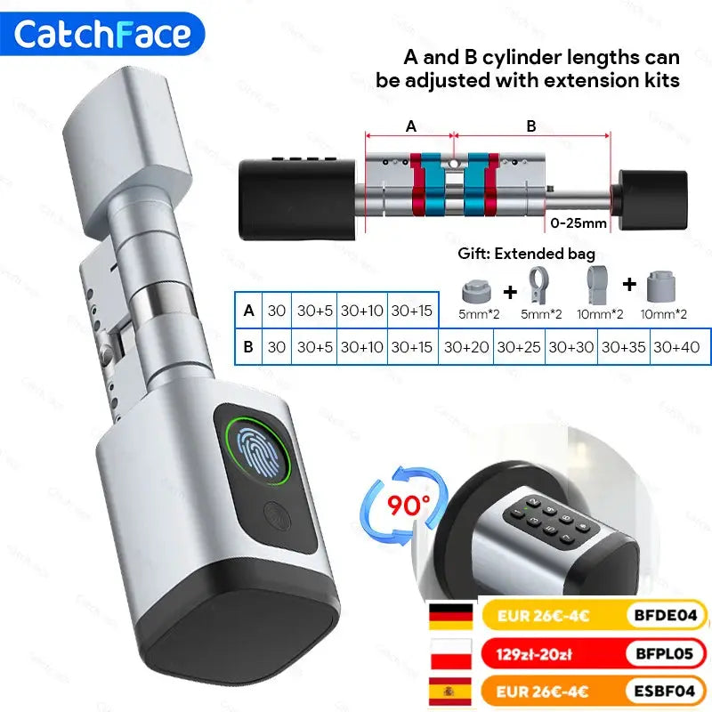 V1 Pro+ smart door lock with fingerprint, keypad and RFID; silver finish, CatchFace logo; extension kit included.