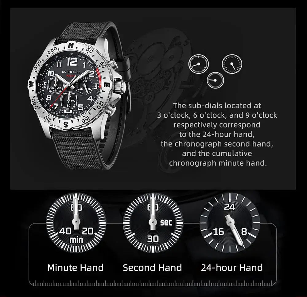 North Edge Mach 2 men's solar-powered quartz watch, 316 stainless steel case, black strap, 50m water resistant
